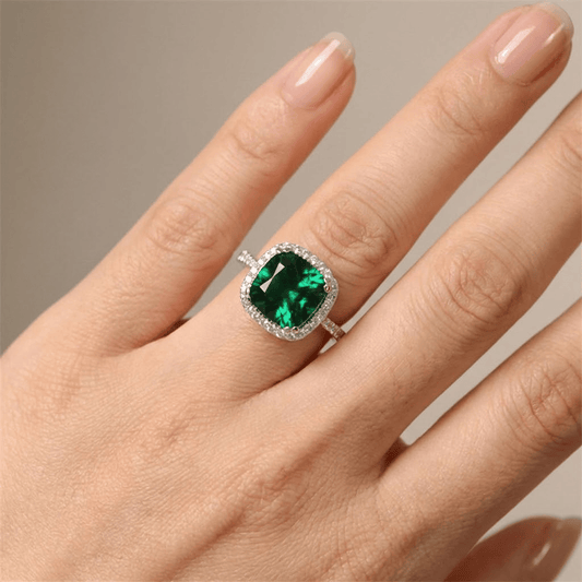 GREEN EMERALD CUSHION HALO RING