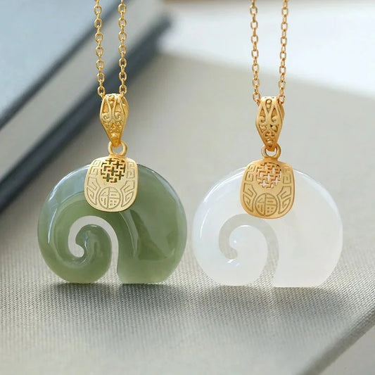 Hetian Jade Elephant Pendant Necklace – 18K Gold Plated Chain for Women